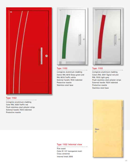 Type 1102 LivingLine – Stainless Pilaster Flush LivingLine Aluminium Wood Door, Custom RAL/DB Colors, Pine Interior, Indented Designer Handle, Security Lock & Anti-Lift Device